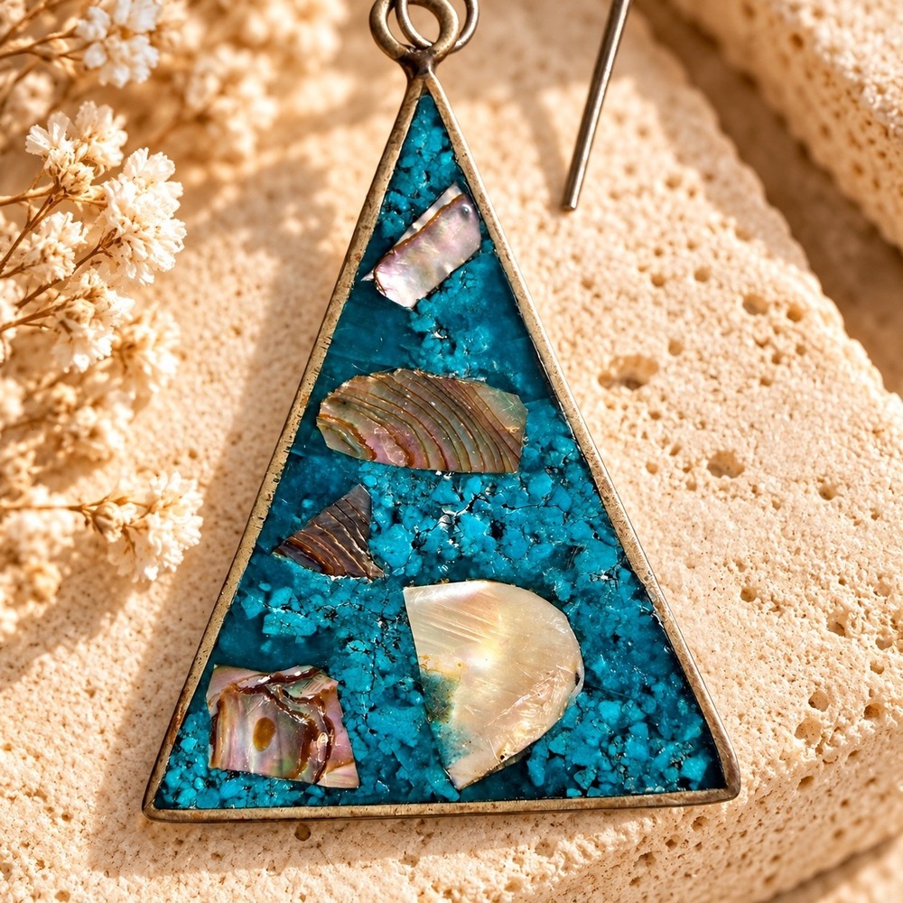 Vintage Turquoise Shell Inlay Earrings Mexico Southwestern Boho Triangle Dangle - Picture 3 of 5